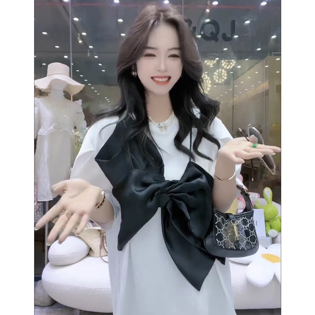 Áo Nơ Nổi Dấu Quần 2 Màu Đen Trắng Hottrend