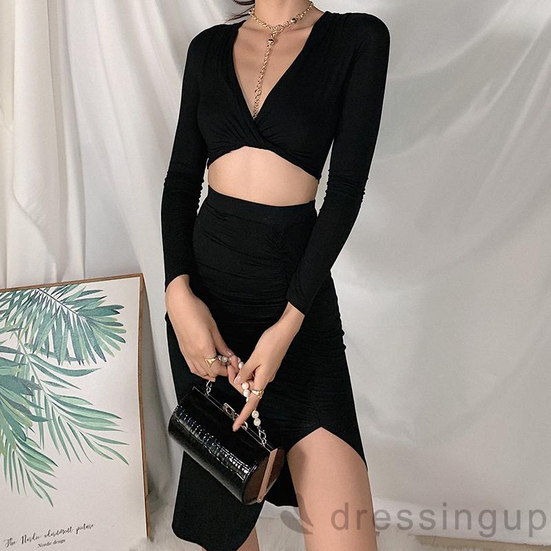 Set áo ngắn dài tay + chân váy xẻ tà thời trang dành cho nữ | BigBuy360 - bigbuy360.vn