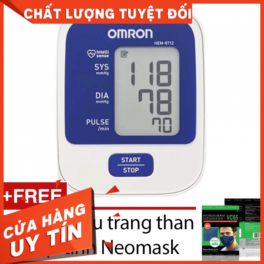 Máy đo huyết áp bắp tay Omron HEM-8712 (Trắng phối xanh) + Tặng 1khẩu trang than hoạt tính Neomask                 