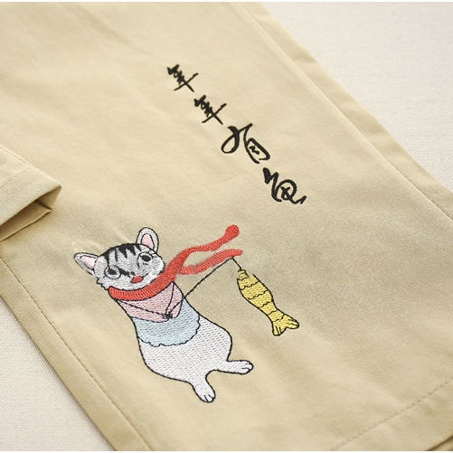Quần Dài Thêu Hình Mèo Phong Cách Mori Nhật Bản Cho Trẻ Em