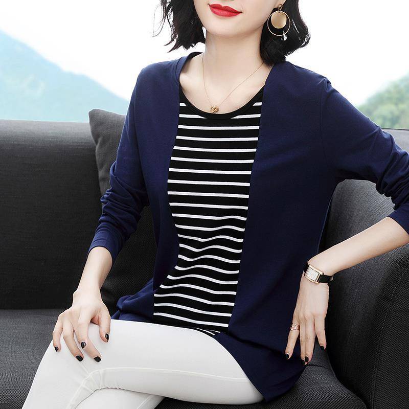 Áo Thun Tay Dài Plus Size Họa Tiết Kẻ Sọc Dành Cho Phụ Nữ Trung Niên