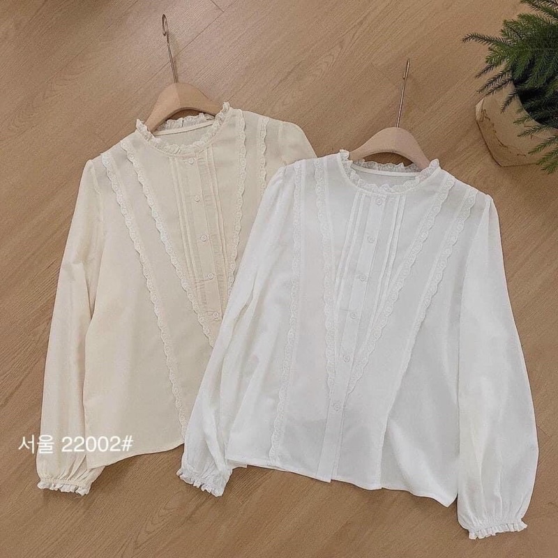 Áo sơ mi cổ tròn viền ren 2 màu - Áo babydoll viền ren chéo lệch ulzzang
