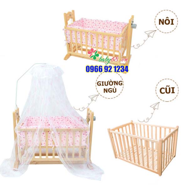 Nôi Gỗ Thông Tự Động 3 Trong 1 Cho Bé VINANOI VNN201 - Vừa Làm Nôi Tự Động Vừa Làm Giường Vừa Làm Cũi Cho bé