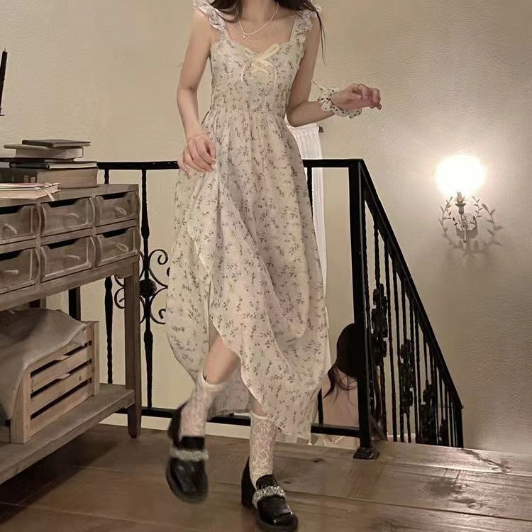 Hàng Có Sẵn Bán Chạy Đầm Voan Hai Dây Dáng Ôm In Hoa Phối Bèo Kiểu Pháp Thời Trang Mùa Hè Nhẹ Nhàng