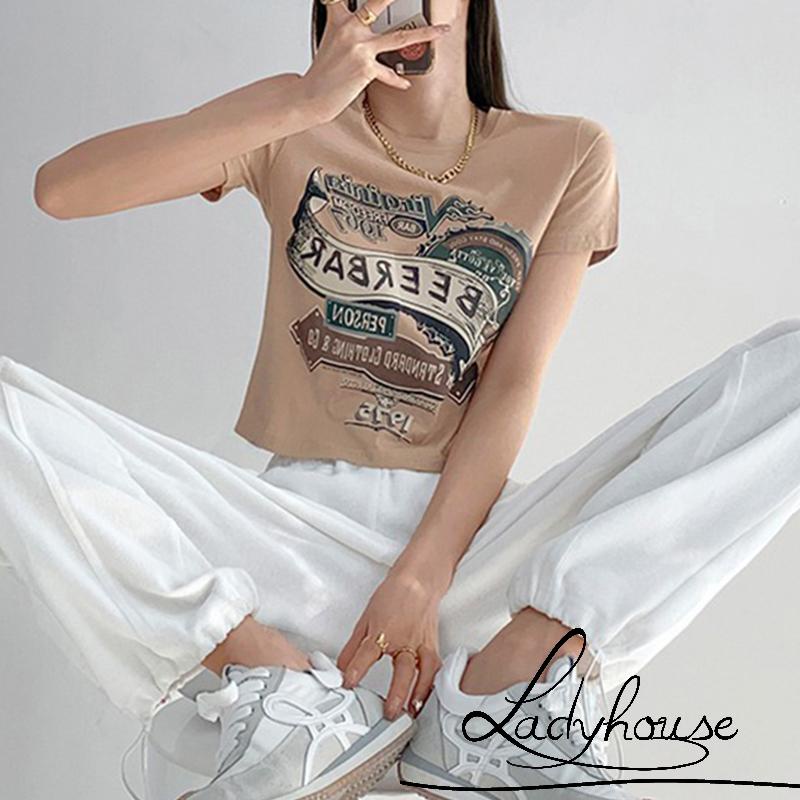 Áo Croptop Ngắn Tay Cổ Tròn In Chữ Thời Trang Xuân Hè Cho Nữ