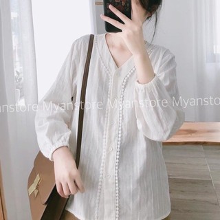 ÁO SƠ MI DÀI TAY HẠT GẠO ❤️VIỀN REN CỔ TIM❤️ TAY BỒNG