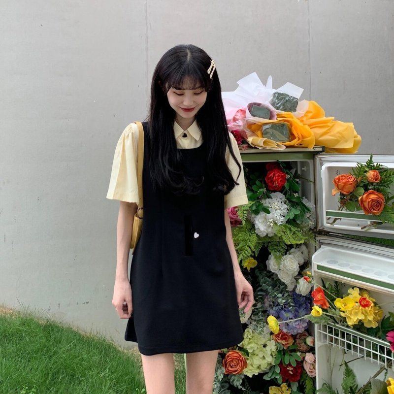 COZOKC Set trang phục áo thun polo tay ngắn và đầm hai dây dài thiết kế xẻ tà phong cách Hàn Quốc thời trang cho nữ