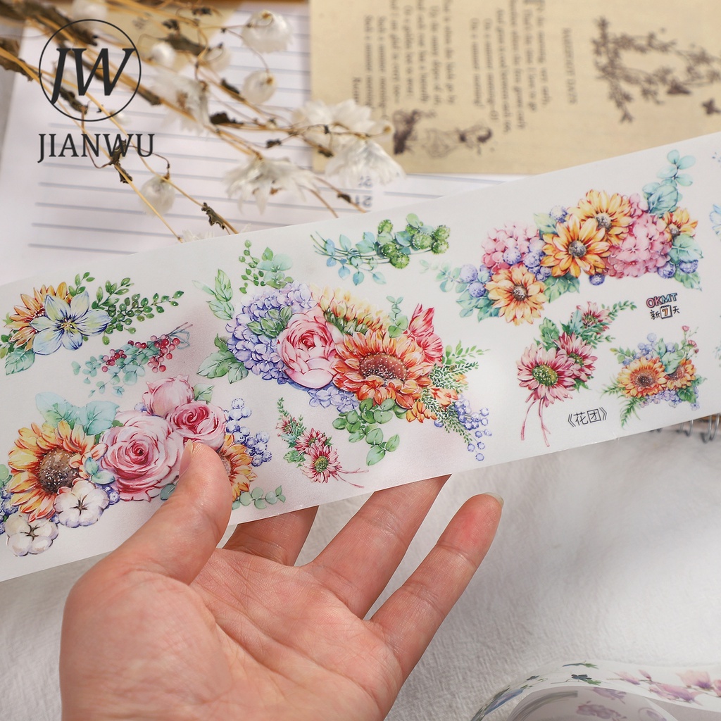 Cuộn Băng Keo Washi 300cm Họa Tiết Hoa / Lá Trang Trí Sổ Tay