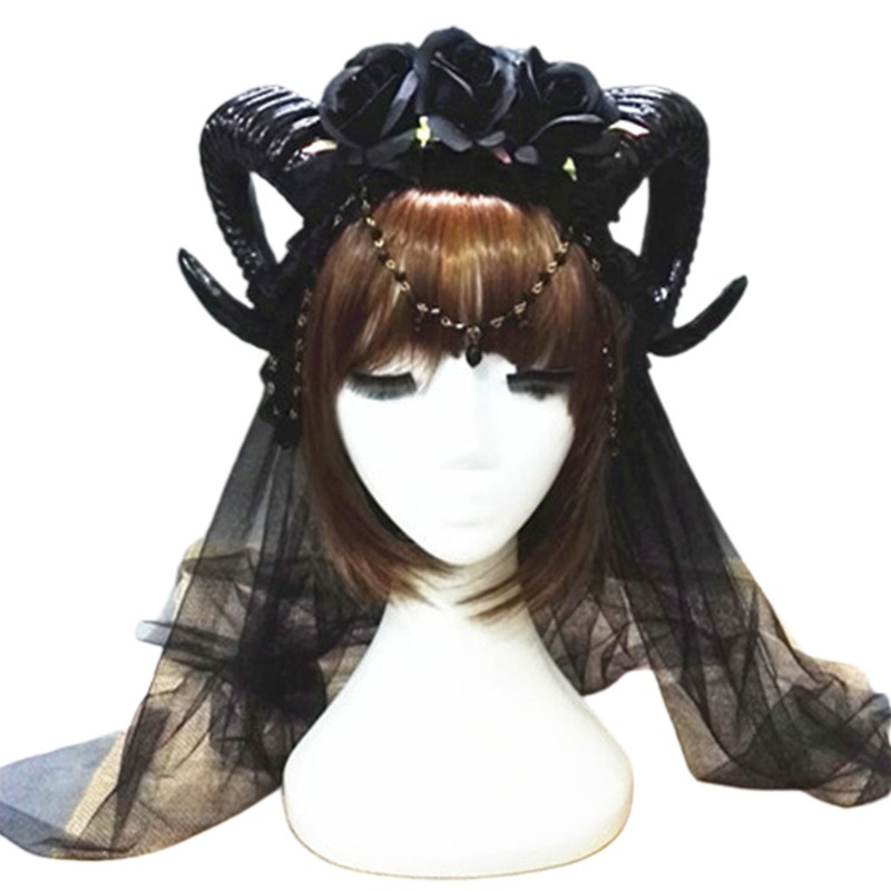 Cài Tóc Hình Sừng Cừu Phối Hoa Hồng / Vương Miện Phối Lưới Phong Cách Gothic Cho Lễ Halloween