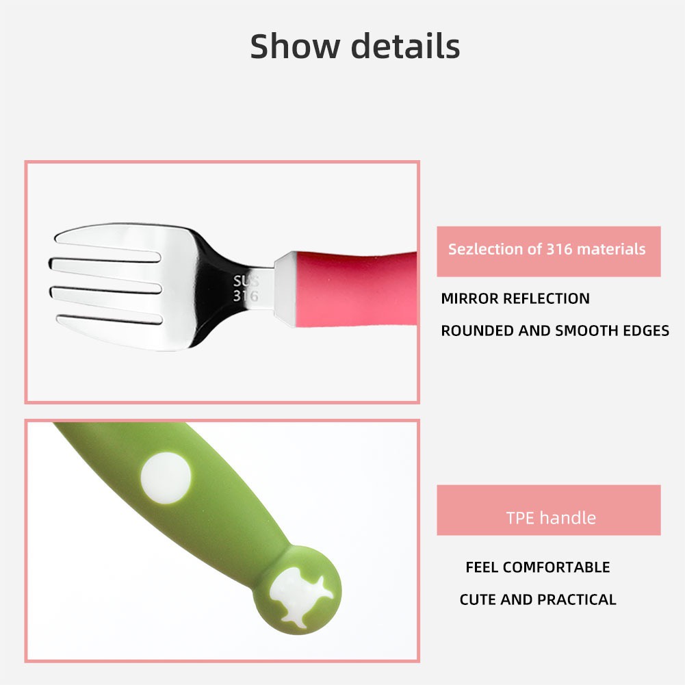 Bộ thìa dĩa tập xúc bẻ cong 360 độ chất liệu inox 304