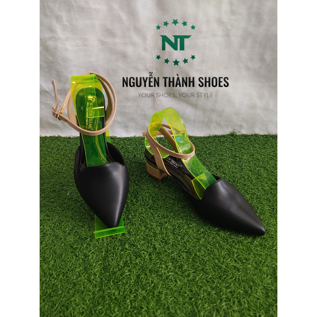 Giày Búp Bê Nữ Đen Mờ Cao 4 cm Gót Vuông Hậu Sandal Khóa