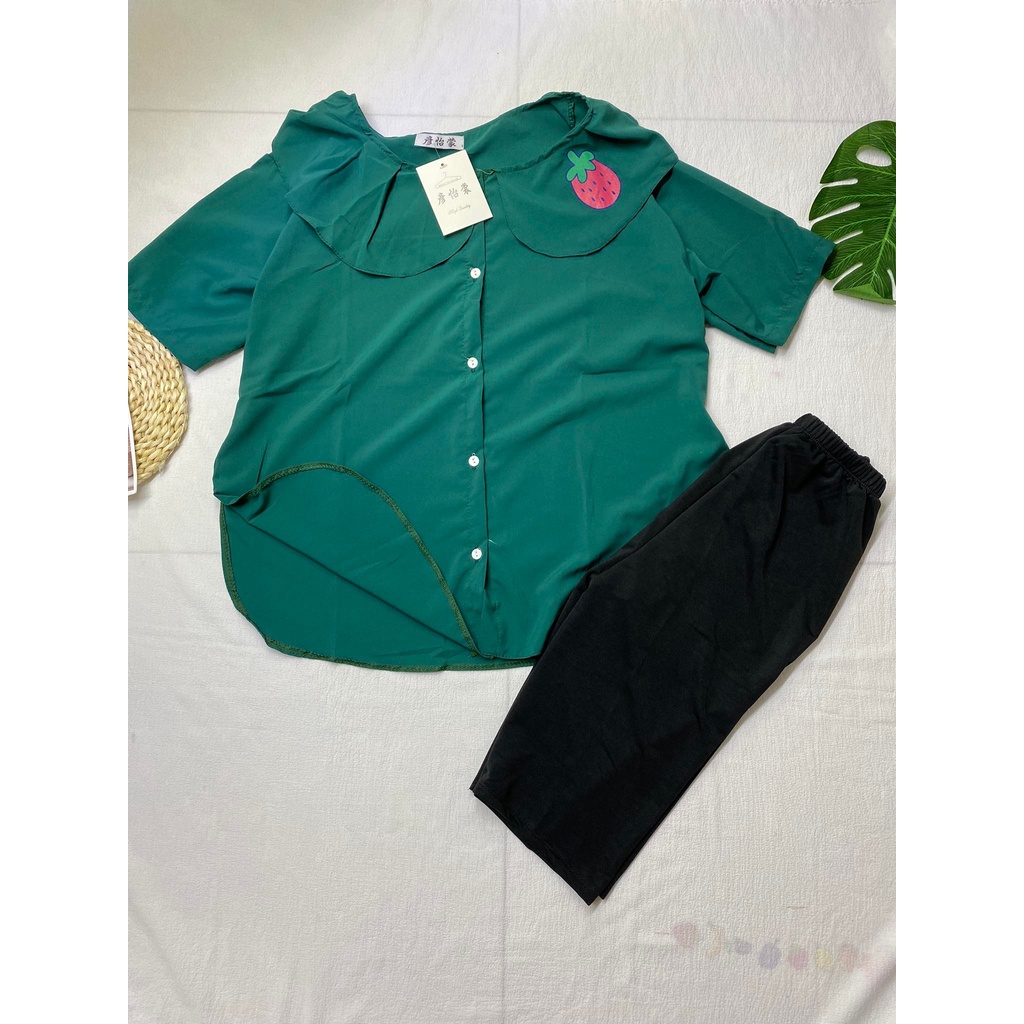 Set áo sơ mi họa tiết dâu, quần ngố ôm cho nữ mặc nhà, mặc đi chơi, thiết kế áo xẻ tà điệu đà, giá rẻ, mẫu đẹp