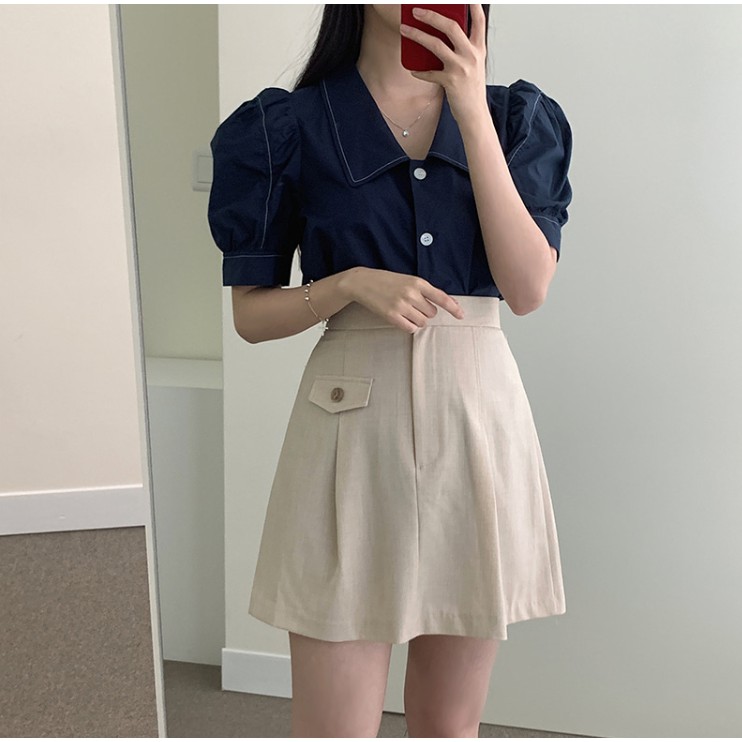 Set 35685 có thể tách rời gồm áo sơ mi và chân váy lưng cao phối túi phong cách Hàn Quốc