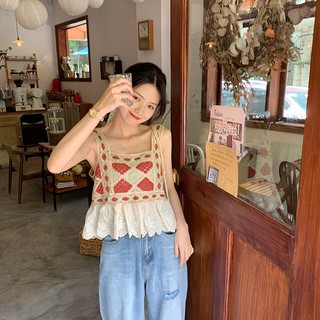 (ORDER) Áo hai dây ren đan móc phối bèo nhún điệu đà vintage đáng yêu Hàn Quốc