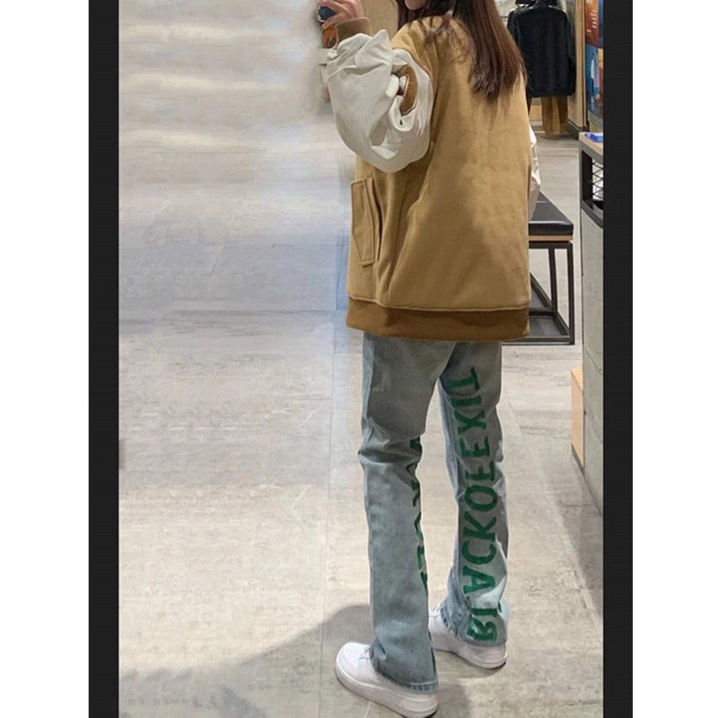 American high street fluorescent embroidery slim micro horn jeans women's fashion hip hop accumulation feeling plus pants fashion