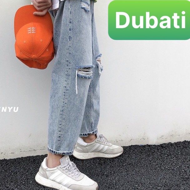 Quần Jean Nam Rách Gối Xanh Trơn, Quần Baggy Jeans Nam Unisex- DB 46- DUBATI FASHION