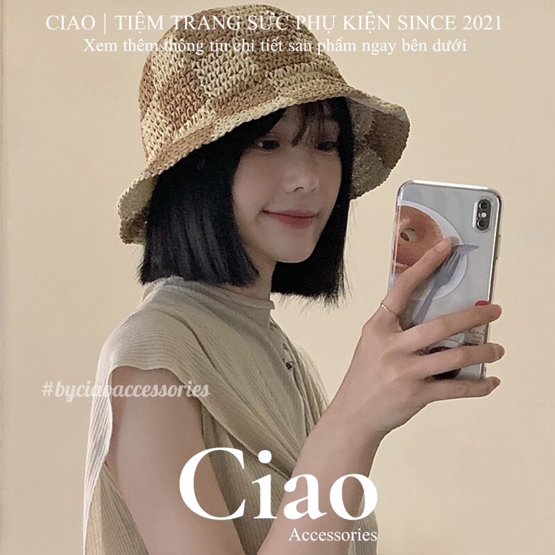 [HOẢ TỐC 1H] Nón/ Mũ tai bèo đan cói thiết kế hoạ tiết caro nữ tính mã 04 Ciao accessories