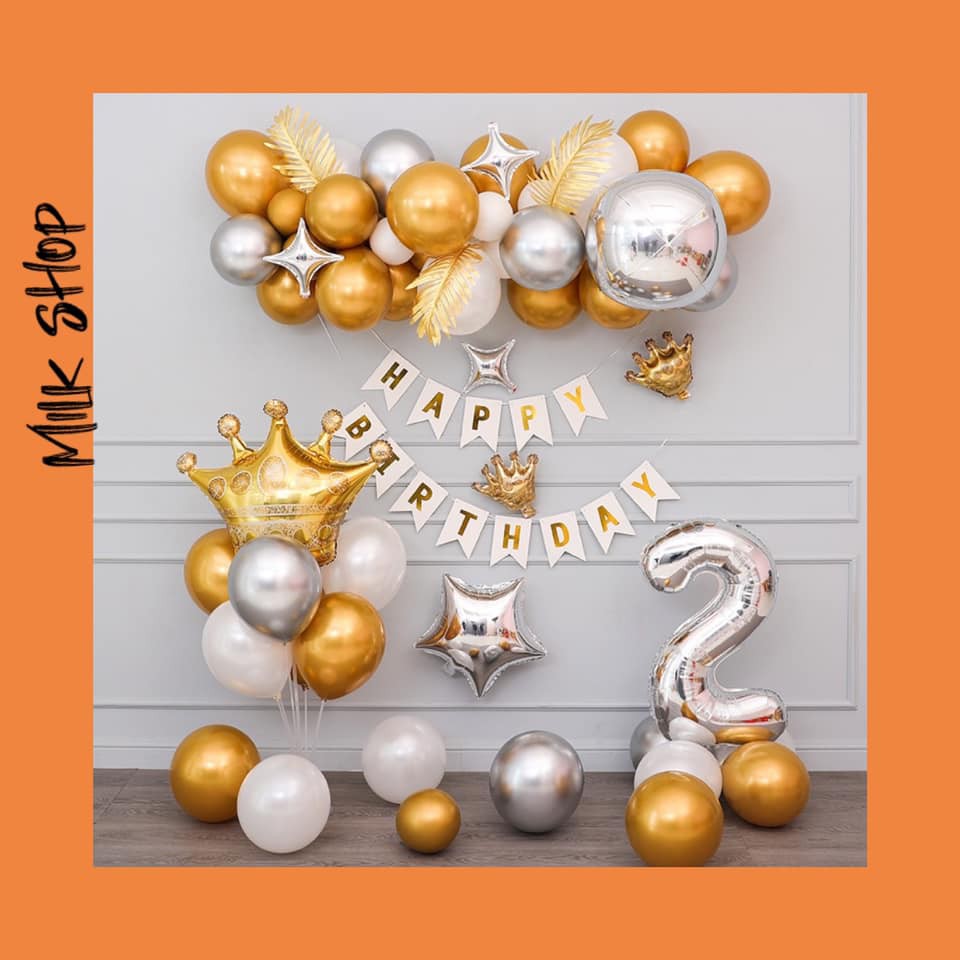 Set bóng trang trí sinh nhật cho bé milkshop A14 màu bạc vàng (Kèm Trụ Mika-Bơm-Băng Dính)