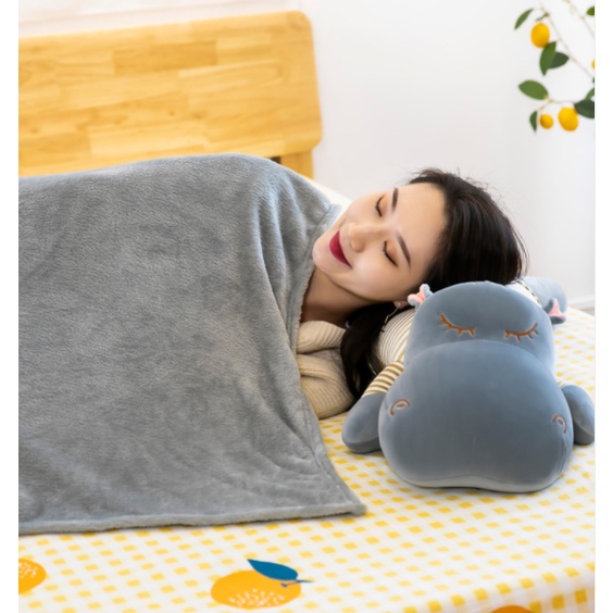 Bộ chăn gối văn phòng hình thú 3in1 vải nhung mềm mịn kích thước mền 1m2*1m7