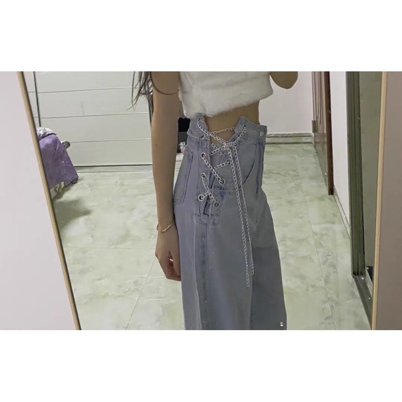 ULZZANG (SẴN) Quần jeans ulzzang ống rộng đan xích style NGỌC TRINH 2020 KÈM 3 ẢNH THẬT CUỐI