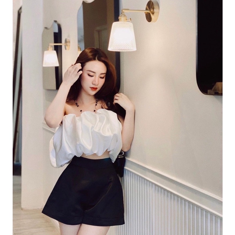 Set Áo Bí Trắng Kèm Quần Tacta Hồng,Đen (Freeship) Áo Cup Bí Bồng + Short