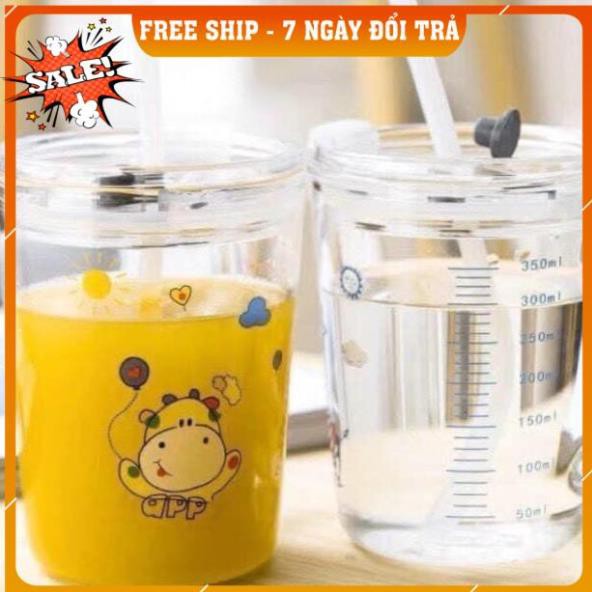 [FREESHIP TOÀN QUỐC] CỐC PHA SỮA THỦY TINH 350ML CÓ NẮP VÀ ỐNG HÚT CHO BÉ