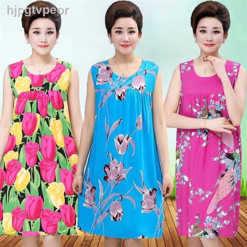 ☢✔Váy ngủ bằng lụa cotton cho phụ nữ trung niên và đồ dành người già, đầm không tay tổng hợp, mặc nhà thông thường niên,