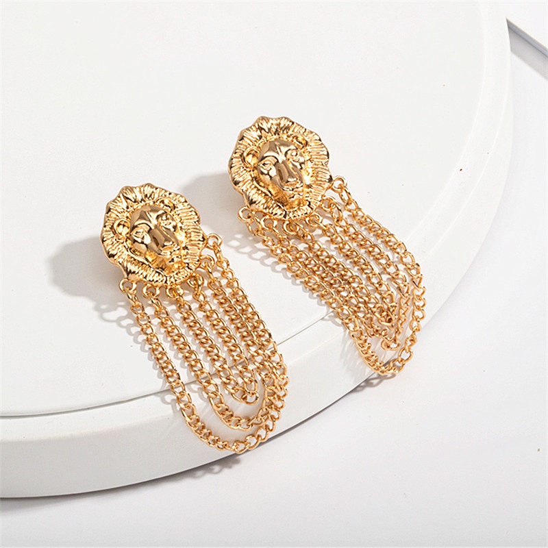 Bông Tai Kim Loại Hình Đầu Sư Tử Phối Dây Xích Dáng Dài Phong Cách Hip Hop Thời Trang Cho Nữ