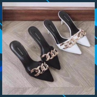 Giày cao gót 💥 bh 12 tháng 💥 dép cao gót nữ 2 màu đen, trắng thiết kế mắt xích mạ đồng