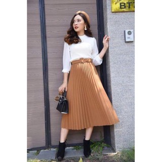 Chân váy midi xếp ly kèm belt