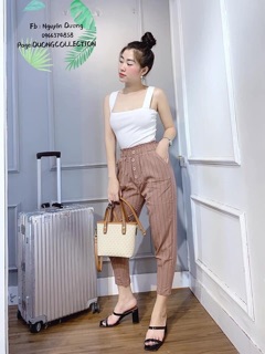 quần kẻ cạp cúc bọc