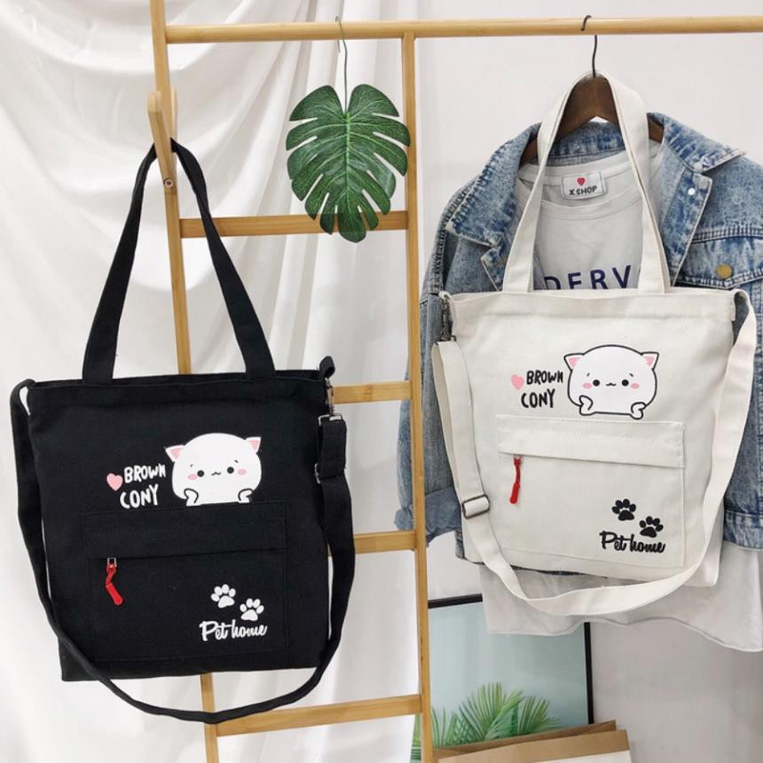 Túi vải tote đeo chéo 2 phong cách, túi đeo chéo canvas kết hợp 2 kiểu dây in chữ brown cony có khoá kéo trẻ trung