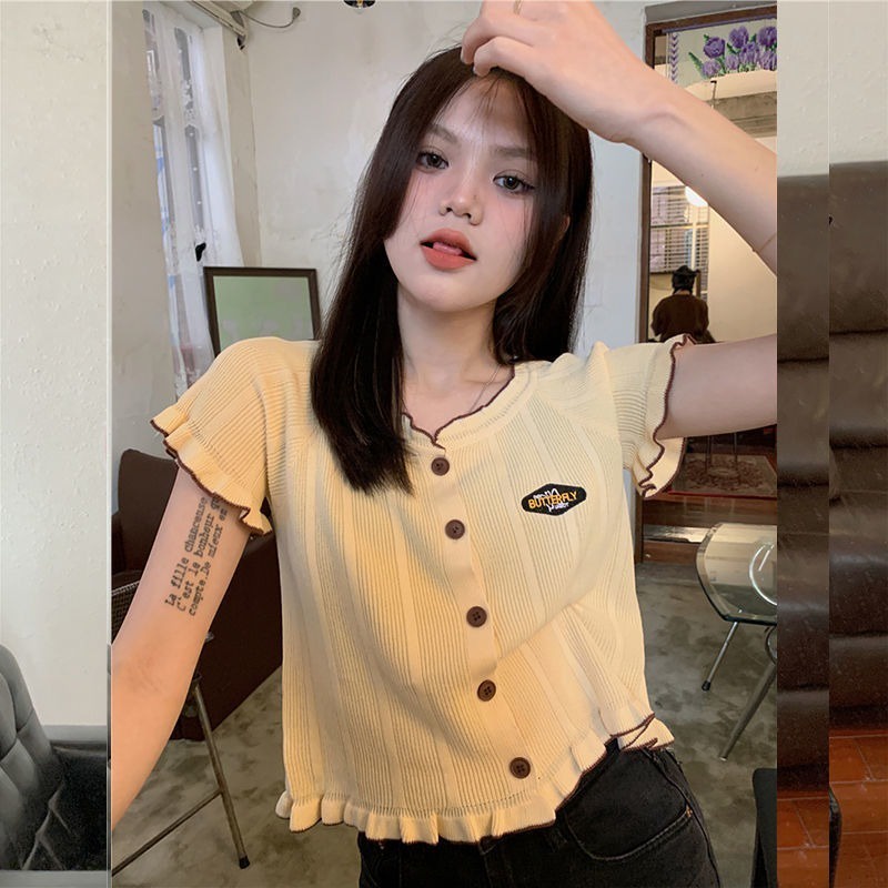 【ZHELIHANGFEI】 / Nấm Áo Cardigan Dệt Kim Tay Ngắn