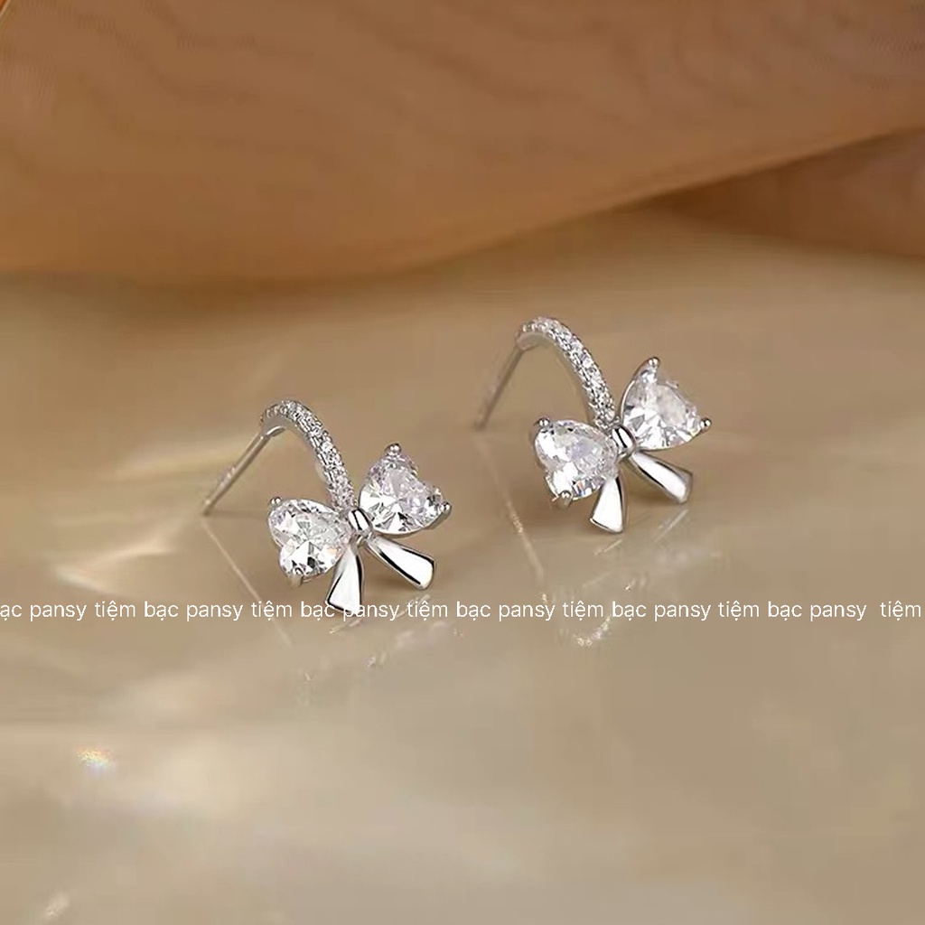 Hoa tai bạc nữ PANSY hình nơ đính đá xinh xắn - Khuyên tai nơ thời trang bằng bạc ta cao cấp