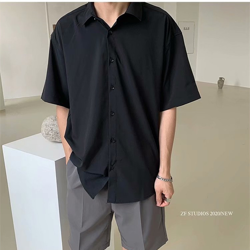Áo Sơ Mi Tay Ngắn Dáng Rộng Co Giãn Tốt Màu Trơn Thời Trang Mùa Hè Cho Nam Size M-2XL