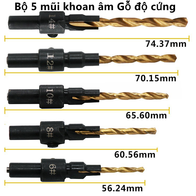 Bộ 5 mũi khoan âm Gỗ độ cứng