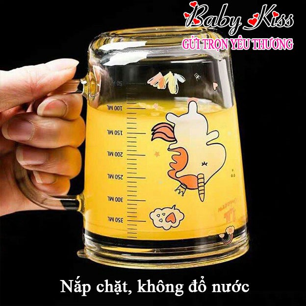 Cốc pha sữa Thuỷ tinh chia vạch có Nắp và Ống hút - Cốc chịu được nóng lạnh, cho vào lò vi sóng cũng ok - Baby Kiss Shop