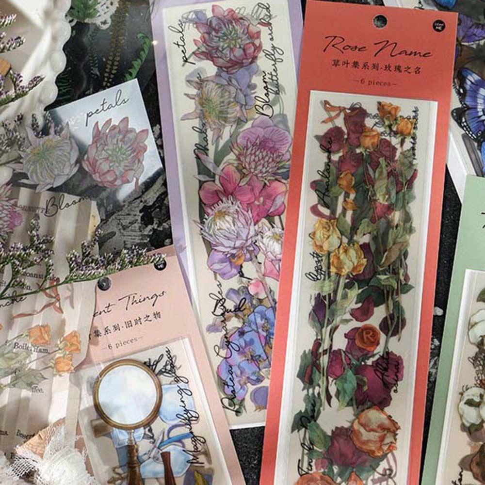 AUGUSTINA 6pcs PET Stickers Stationery Stickers Butterfly Leaf Flower Journamm Stickers DIY Decorative Craft Photo Albums Hand Account Decor Scrapbooking Planner Journal Deco Vintage Aesthetic Scrapbooking