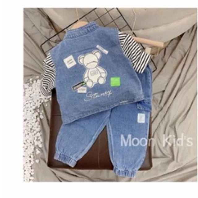 (jean baby) sét bộ quần áo jean bò mềm +áo thun kẻ cho bé trai(8-17kg)