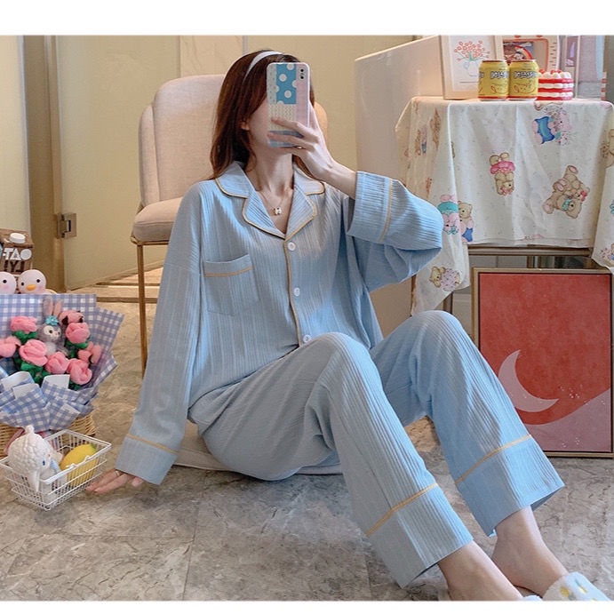 Bộ đồ ngủ tay dài màu trắng phong cách Hàn Quốc thời trang thu đông cho nữ