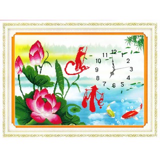 Tranh Thêu Chữ Thập 3D Đồng Hồ Cha Mẹ Hoa Sen 222883 (khách tự thêu) KT:61x45cm