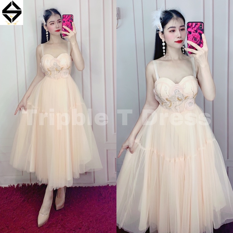 Đầm xoè công chúa 2 dây siêu xinh kết hoa nổi TRIPBLE T DRESS - size M/L - MS395V