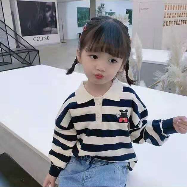 [Babycat] Hàng Có Sẵn Áo Thun polo Tay Dài Kẻ Sọc Phong Cách Nhật Bản Hàn Quốc Cho Bé Gái