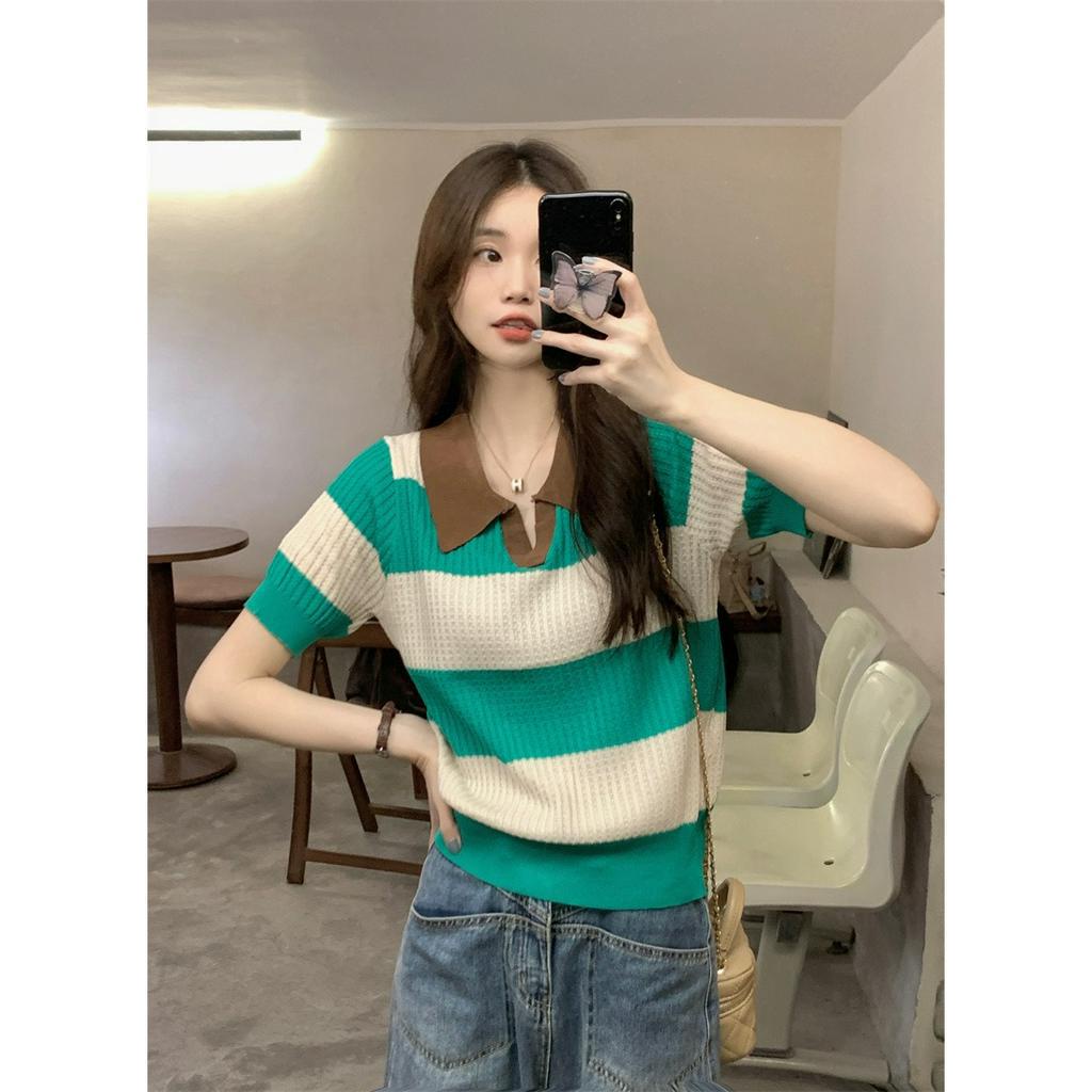 ZHELIHANGFEI Áo Thun Ngắn Tay Cổ Chữ v Form Rộng Họa Tiết Kẻ Sọc Màu Sắc Tương Phản Phong Cách Hàn Quốc