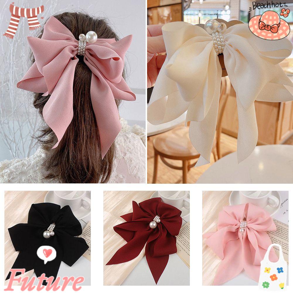 Future Kẹp Tóc Một Lò Xo Đính Ngọc Trai Đầu Voan Thắt Nơ Sau Lưng