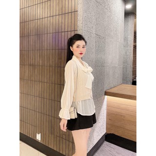 Set gile len sơ mi voan buộc nơ
