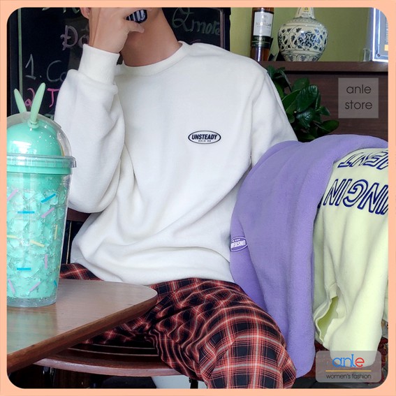 Áo Nỉ Sweater Unisex, Ulzzang Nam, Nữ hottrend 3 màu Trắng, Xanh, Tím -Thêu chữ, Logo hot hit. Có bigsize tới 90kg