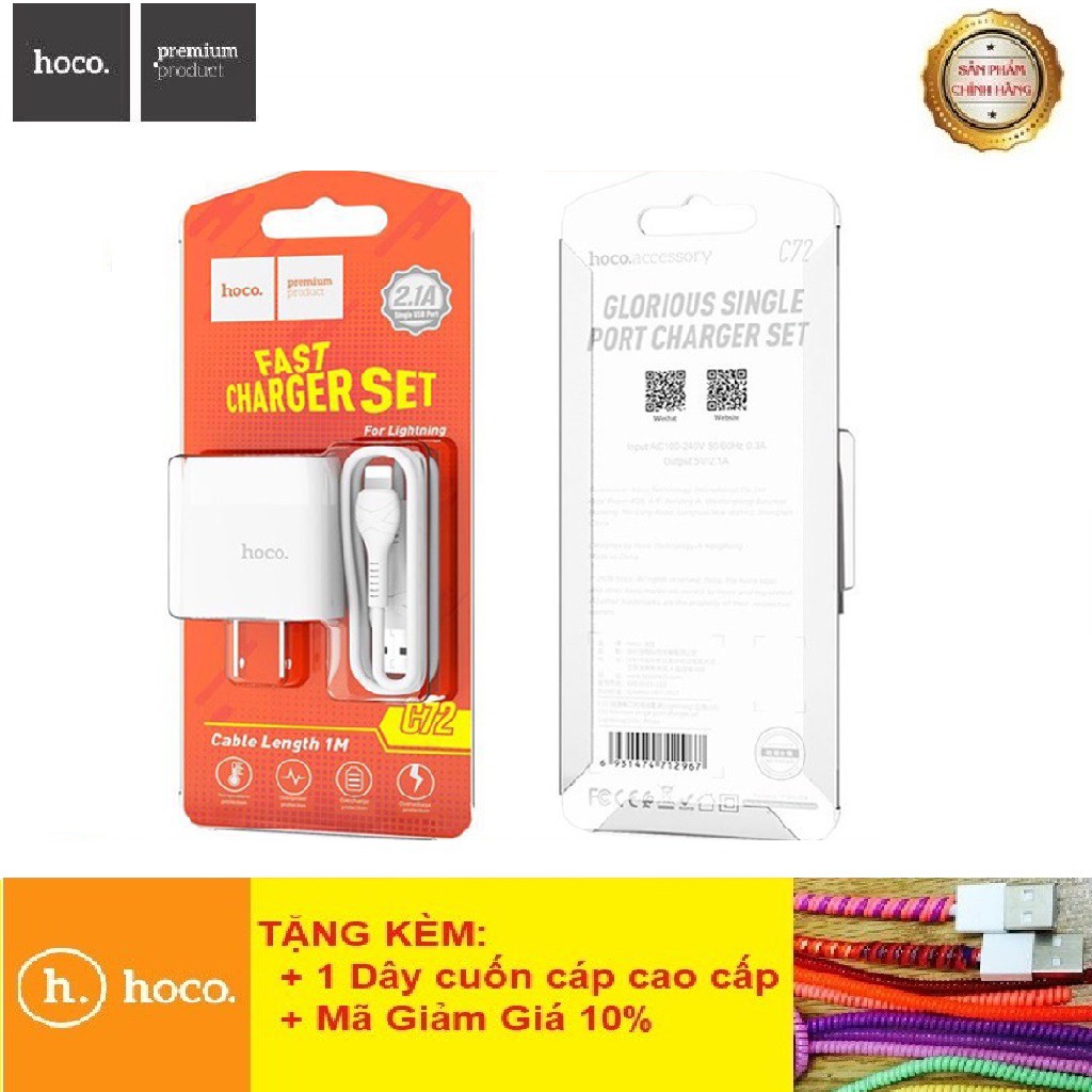 Bộ Củ Sạc Hoco C72/C72A - Hỗ Trợ Sạc Nhanh 2.1A Kèm Dây Lightning/ Micro USB/ Type C - Bảo Hành Chính Hãng 12T