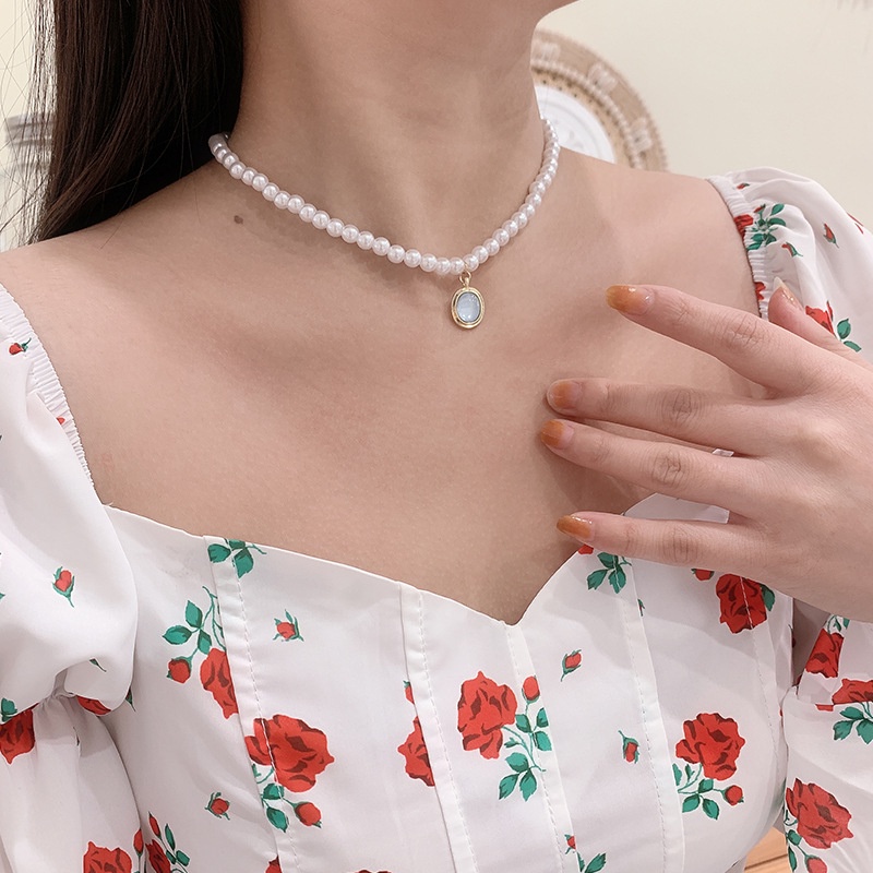 Vòng cổ ngọc trai thời trang nữ phiên bản Hàn Quốc Vòng cổ mặt dây chuyền đá quý màu xanh cao cấp