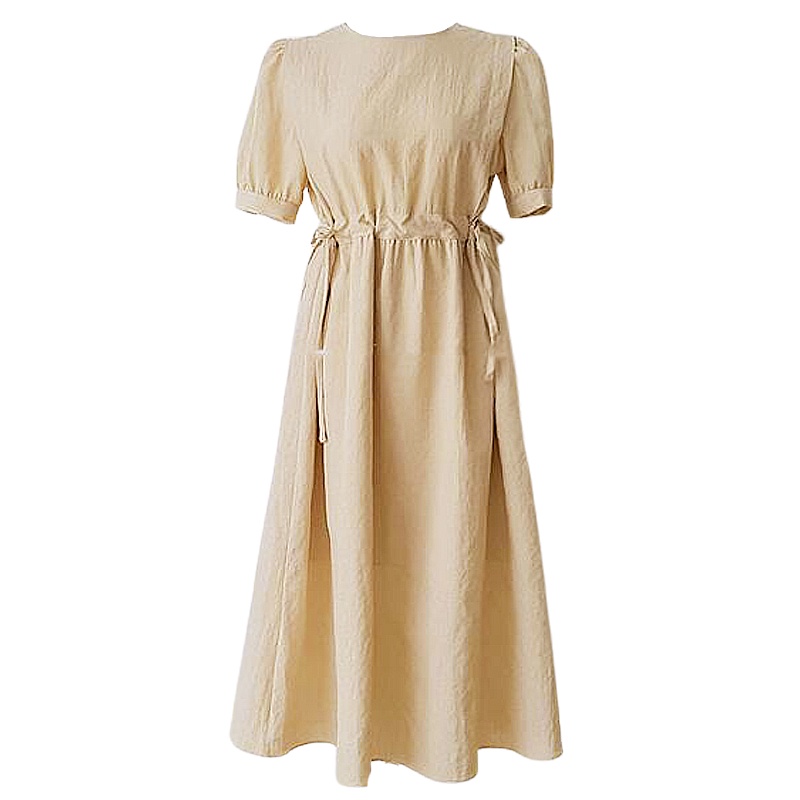 Váy MORAN cộc tay rút eo xòe dài  đơn giản nhẹ nhàng  thanh lịch Hàn Quốc